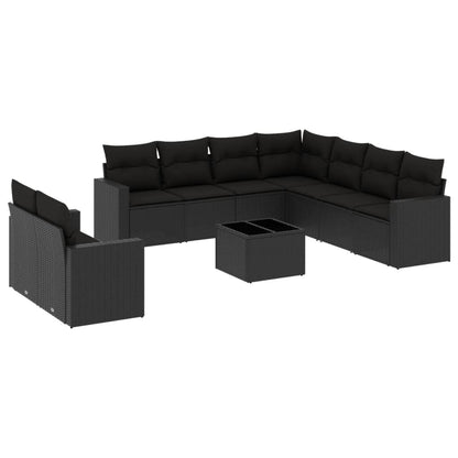 10-tlg. Garten-Sofagarnitur mit Kissen Schwarz Poly Rattan