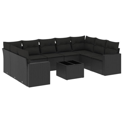 10-tlg. Garten-Sofagarnitur mit Kissen Schwarz Poly Rattan