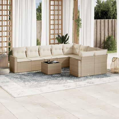 10-tlg. Garten-Sofagarnitur mit Kissen Beige Poly Rattan