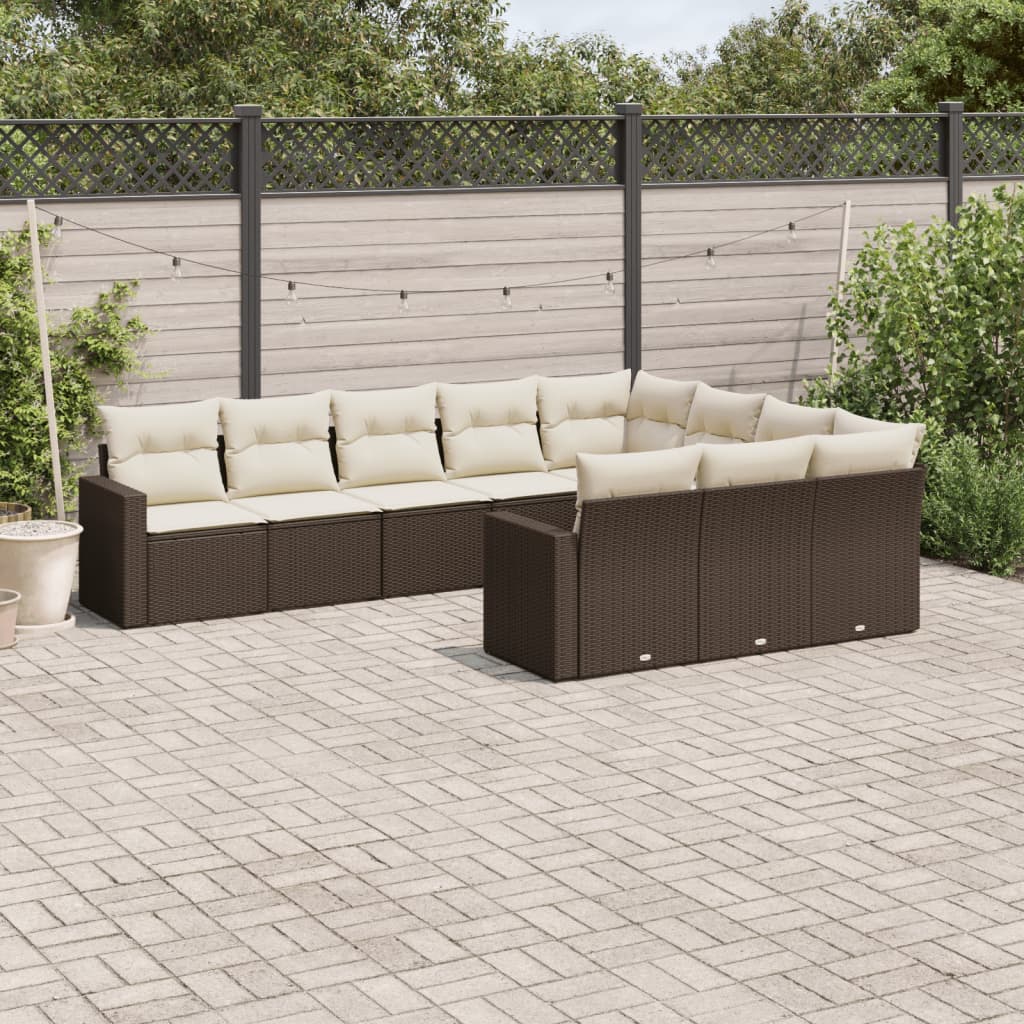 10-tlg. Garten-Sofagarnitur mit Kissen Braun Poly Rattan