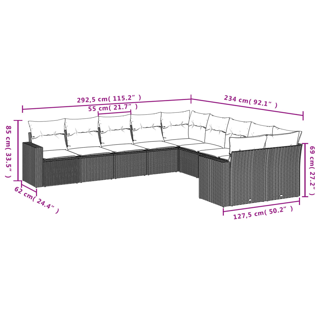 10-tlg. Garten-Sofagarnitur mit Kissen Schwarz Poly Rattan