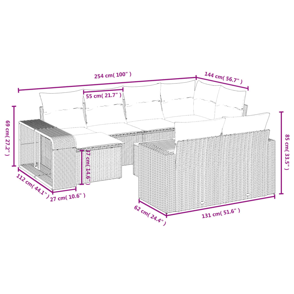 11-tlg. Garten-Sofagarnitur mit Kissen Beige Poly Rattan