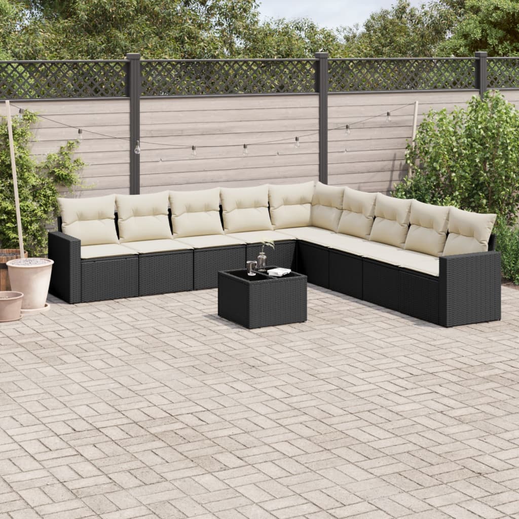 10-tlg. Garten-Sofagarnitur mit Kissen Schwarz Poly Rattan