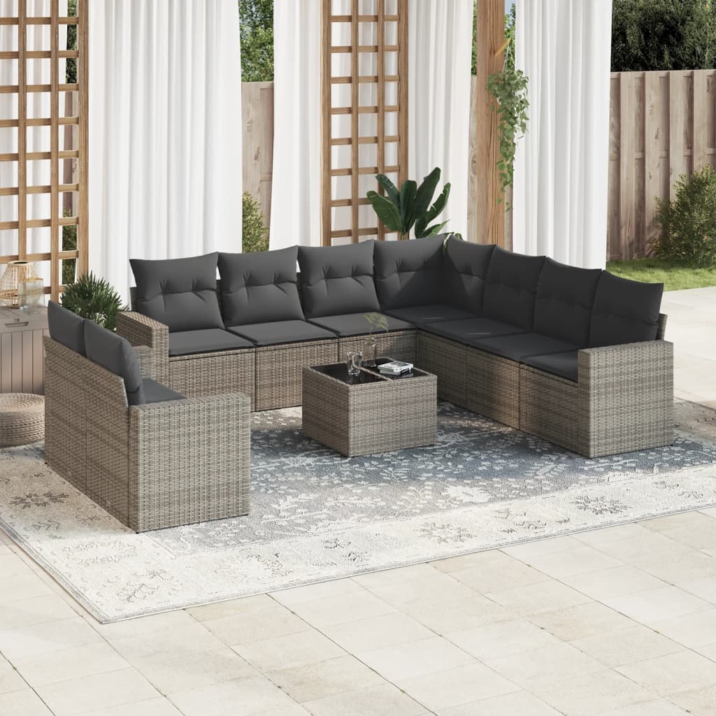 10-tlg. Garten-Sofagarnitur mit Kissen Grau Poly Rattan