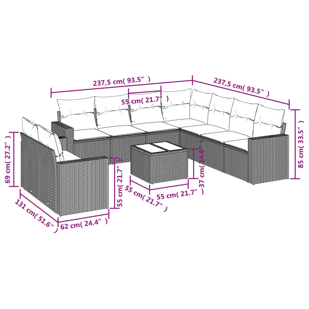 10-tlg. Garten-Sofagarnitur mit Kissen Hellgrau Poly Rattan