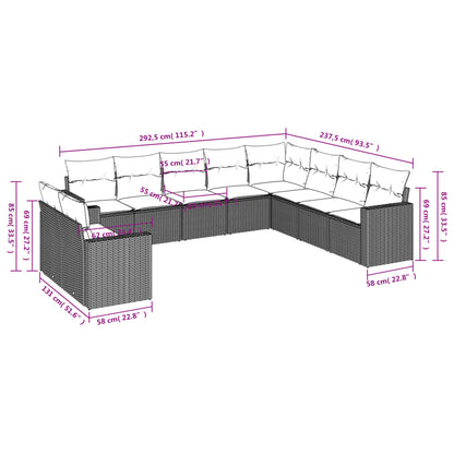 10-tlg. Garten-Sofagarnitur mit Kissen Schwarz Poly Rattan