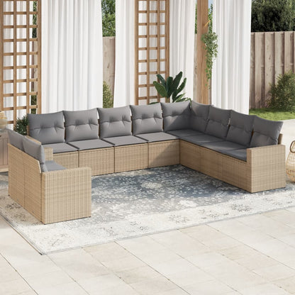 10-tlg. Garten-Sofagarnitur mit Kissen Beige Poly Rattan