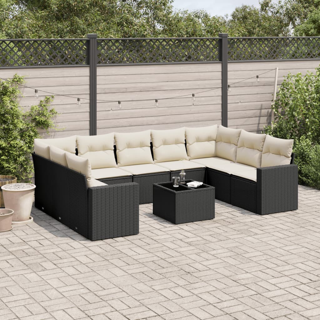 10-tlg. Garten-Sofagarnitur mit Kissen Schwarz Poly Rattan