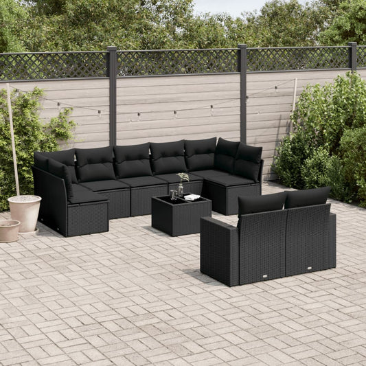 10-tlg. Garten-Sofagarnitur mit Kissen Schwarz Poly Rattan