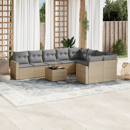 10-tlg. Garten-Sofagarnitur mit Kissen Beige Poly Rattan