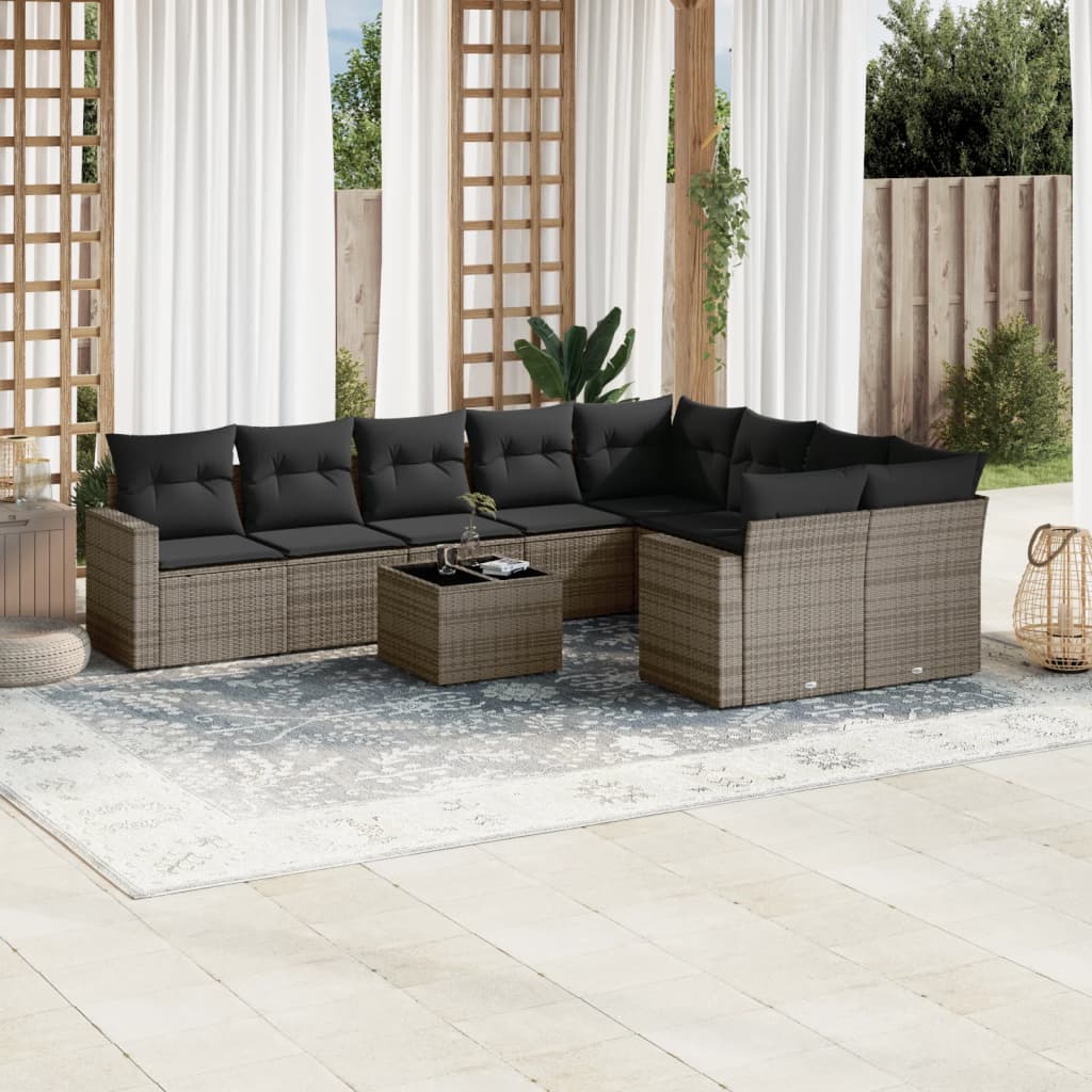 10-tlg. Garten-Sofagarnitur mit Kissen Grau Poly Rattan