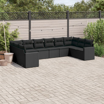 10-tlg. Garten-Sofagarnitur mit Kissen Schwarz Poly Rattan