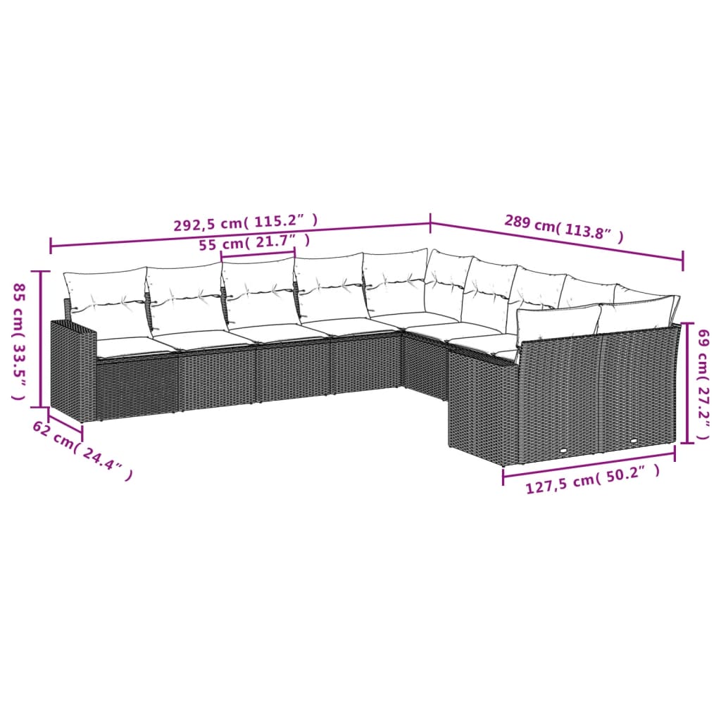 10-tlg. Garten-Sofagarnitur mit Kissen Hellgrau Poly Rattan