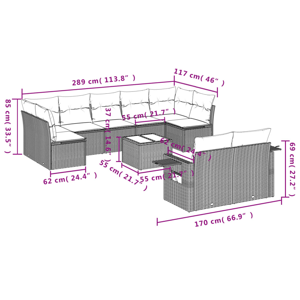 10-tlg. Garten-Sofagarnitur mit Kissen Schwarz Poly Rattan