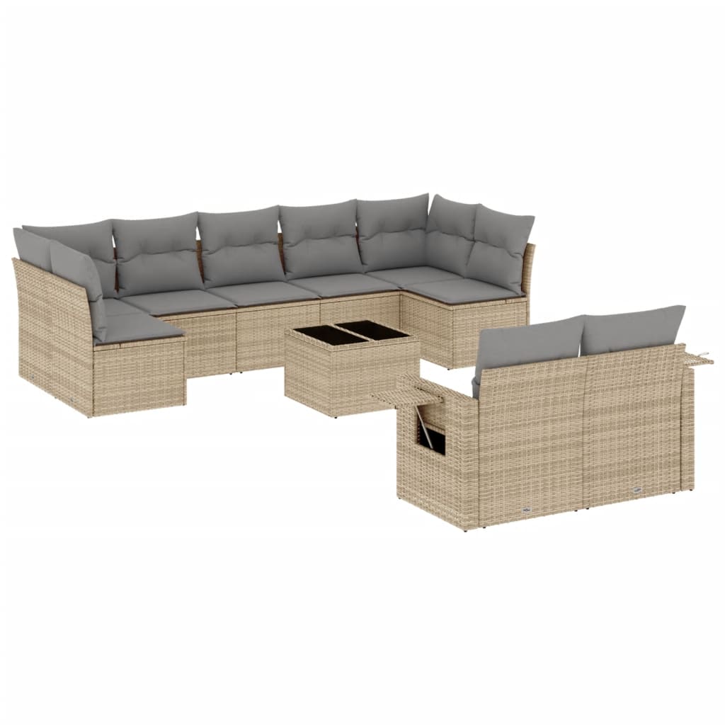 10-tlg. Garten-Sofagarnitur mit Kissen Beige Poly Rattan