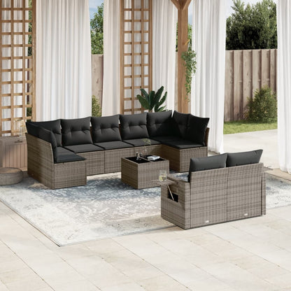 10-tlg. Garten-Sofagarnitur mit Kissen Grau Poly Rattan