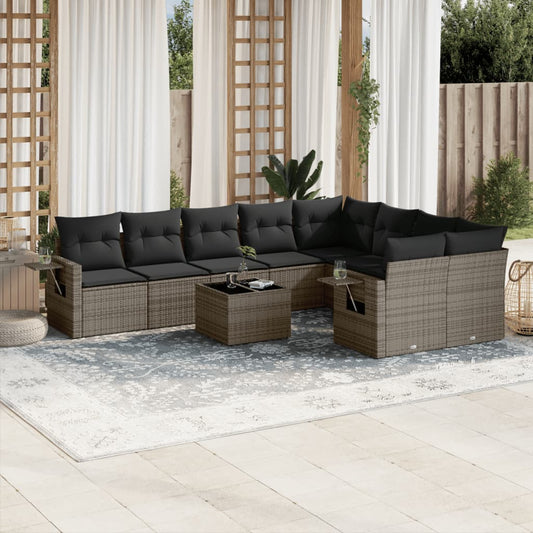 10-tlg. Garten-Sofagarnitur mit Kissen Grau Poly Rattan