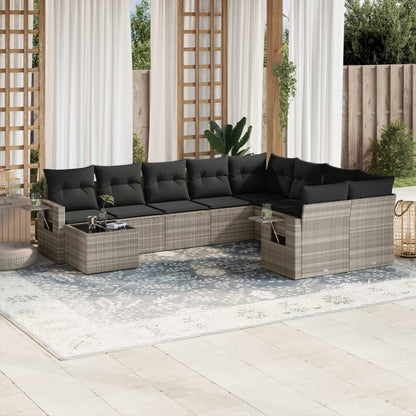 10-tlg. Garten-Sofagarnitur mit Kissen Hellgrau Poly Rattan