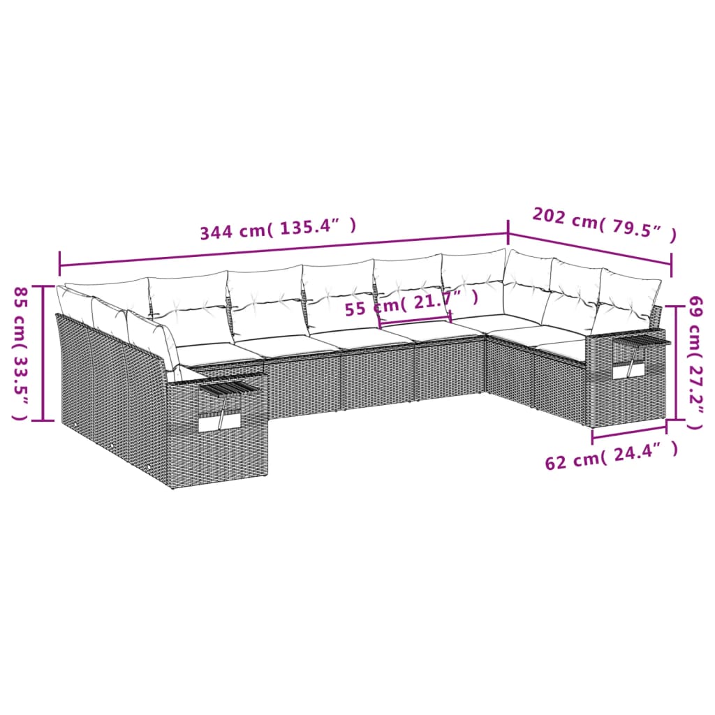 10-tlg. Garten-Sofagarnitur mit Kissen Grau Poly Rattan