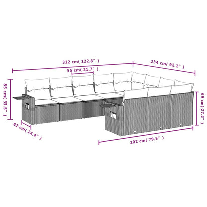 10-tlg. Garten-Sofagarnitur mit Kissen Grau Poly Rattan