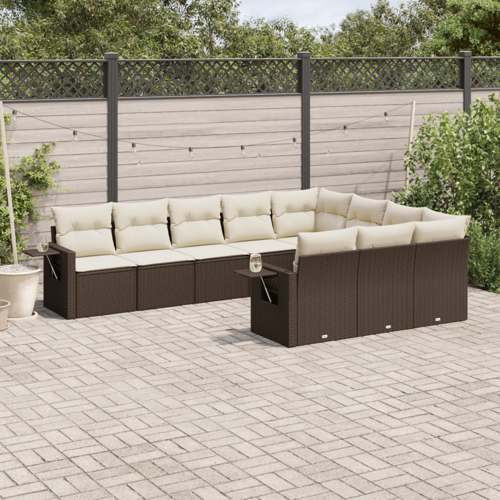 10-tlg. Garten-Sofagarnitur mit Kissen Braun Poly Rattan