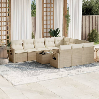 11-tlg. Garten-Sofagarnitur mit Kissen Beige Poly Rattan