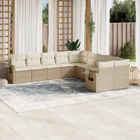 10-tlg. Garten-Sofagarnitur mit Kissen Beige Poly Rattan