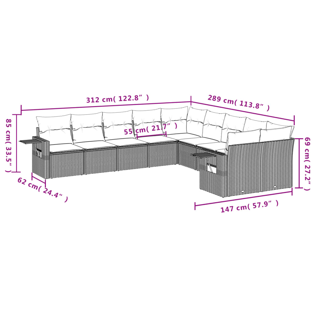 10-tlg. Garten-Sofagarnitur mit Kissen Grau Poly Rattan