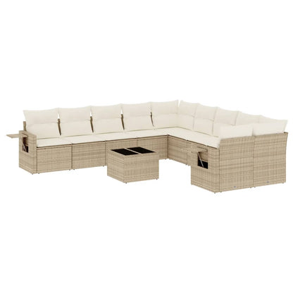 11-tlg. Garten-Sofagarnitur mit Kissen Beige Poly Rattan