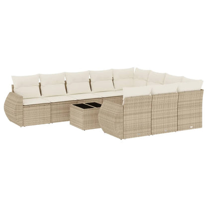 11-tlg. Garten-Sofagarnitur mit Kissen Beige Poly Rattan