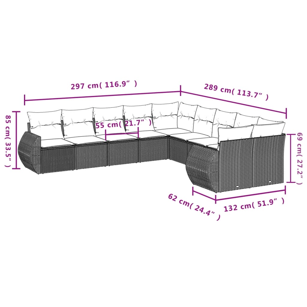 10-tlg. Garten-Sofagarnitur mit Kissen Grau Poly Rattan