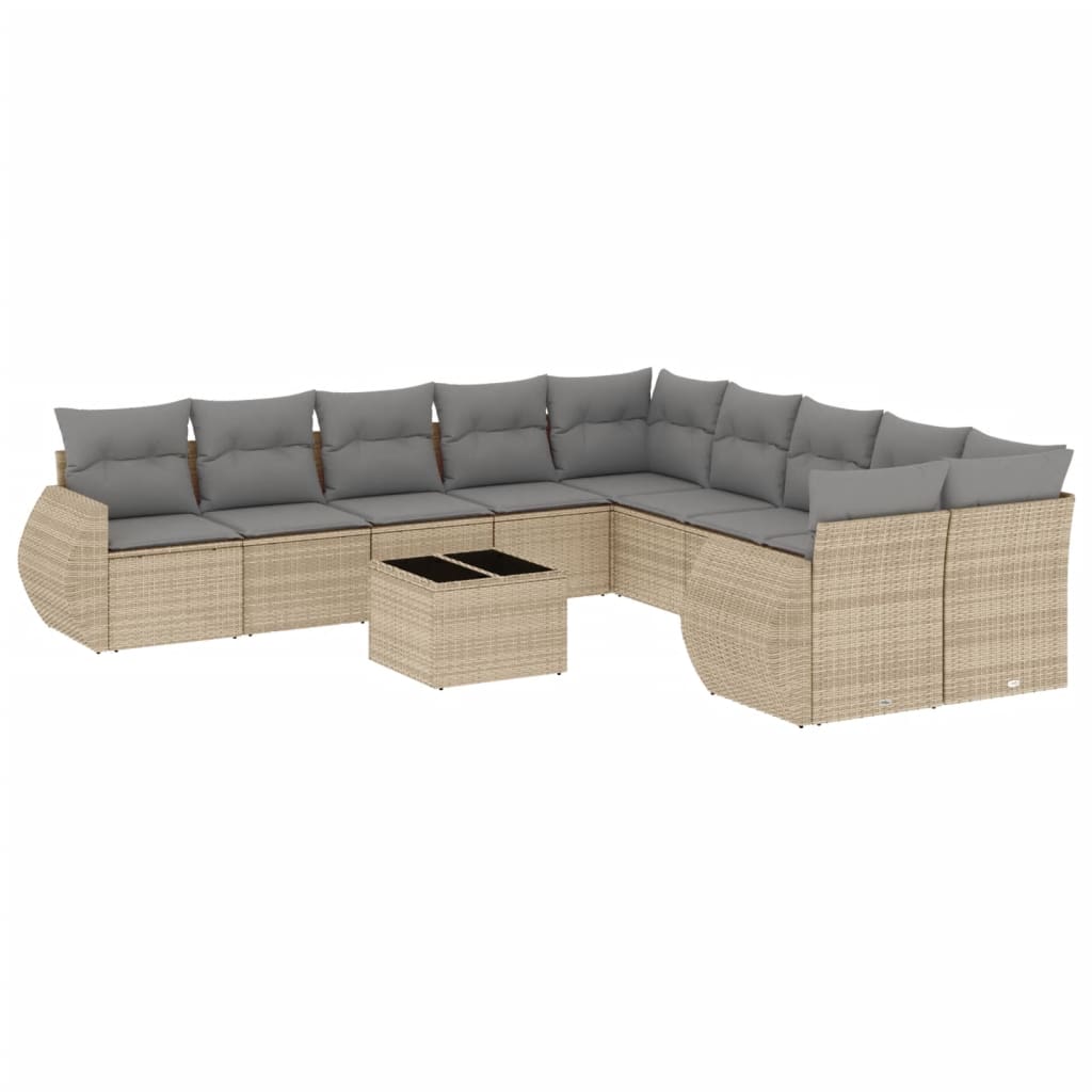 11-tlg. Garten-Sofagarnitur mit Kissen Beige Poly Rattan