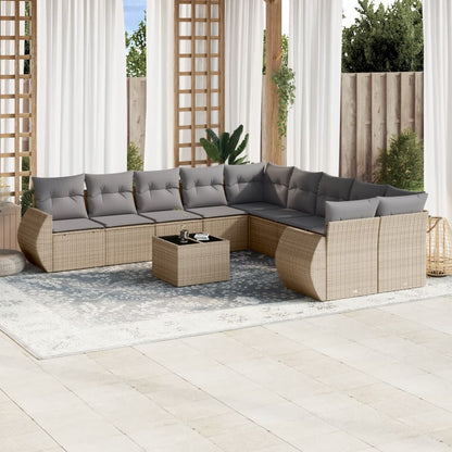 11-tlg. Garten-Sofagarnitur mit Kissen Beige Poly Rattan