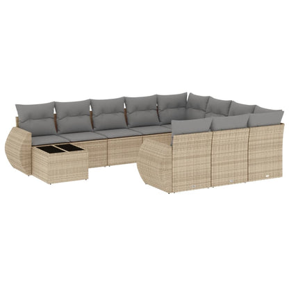 11-tlg. Garten-Sofagarnitur mit Kissen Beige Poly Rattan