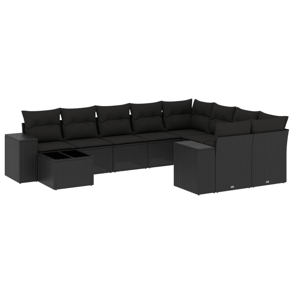 10-tlg. Garten-Sofagarnitur mit Kissen Schwarz Poly Rattan