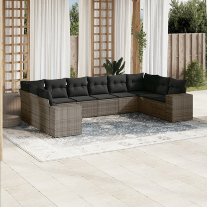 10-tlg. Garten-Sofagarnitur mit Kissen Grau Poly Rattan