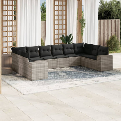 10-tlg. Garten-Sofagarnitur mit Kissen Hellgrau Poly Rattan