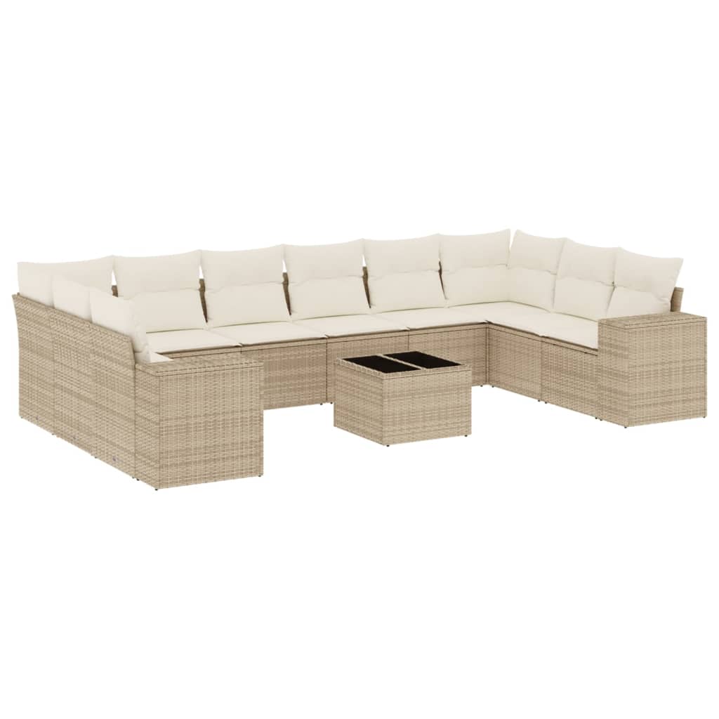 11-tlg. Garten-Sofagarnitur mit Kissen Beige Poly Rattan