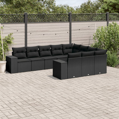 10-tlg. Garten-Sofagarnitur mit Kissen Schwarz Poly Rattan