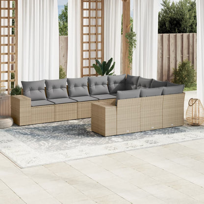 10-tlg. Garten-Sofagarnitur mit Kissen Beige Poly Rattan