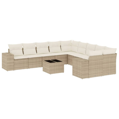 11-tlg. Garten-Sofagarnitur mit Kissen Beige Poly Rattan