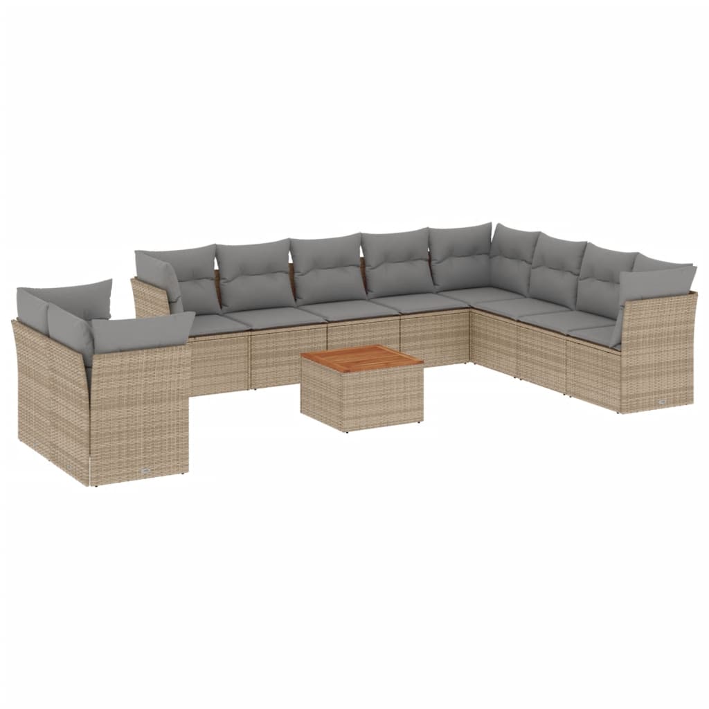 11-tlg. Garten-Sofagarnitur mit Kissen Beige Poly Rattan