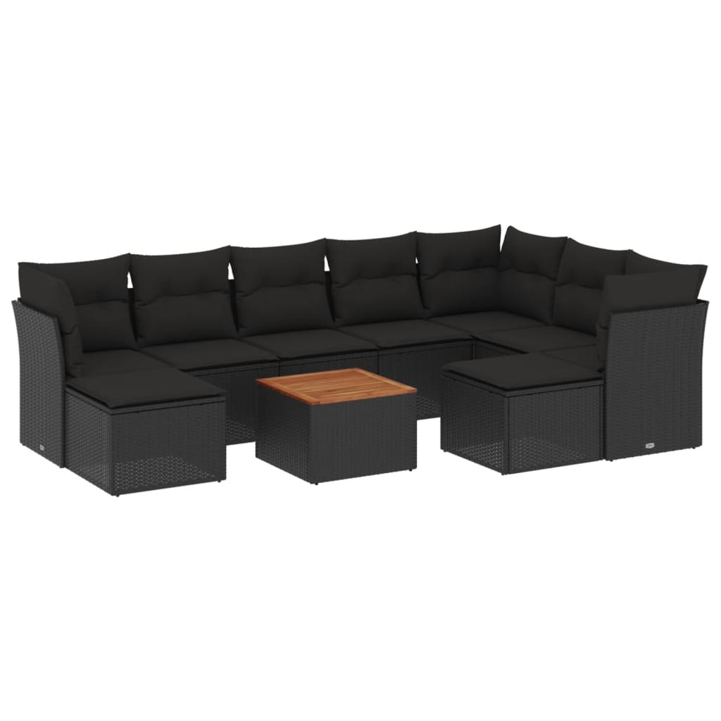 10-tlg. Garten-Sofagarnitur mit Kissen Schwarz Poly Rattan