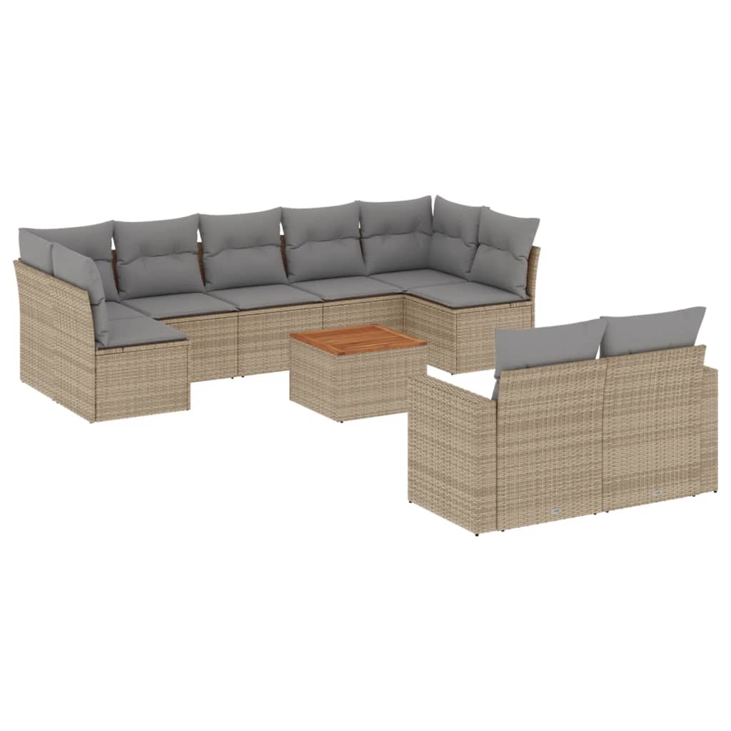 10-tlg. Garten-Sofagarnitur mit Kissen Beige Poly Rattan