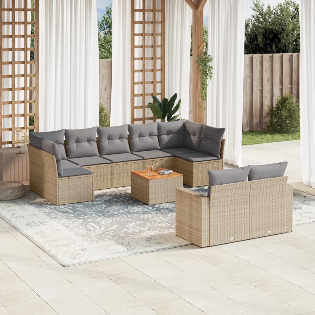 10-tlg. Garten-Sofagarnitur mit Kissen Beige Poly Rattan