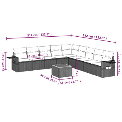 10-tlg. Garten-Sofagarnitur mit Kissen Schwarz Poly Rattan