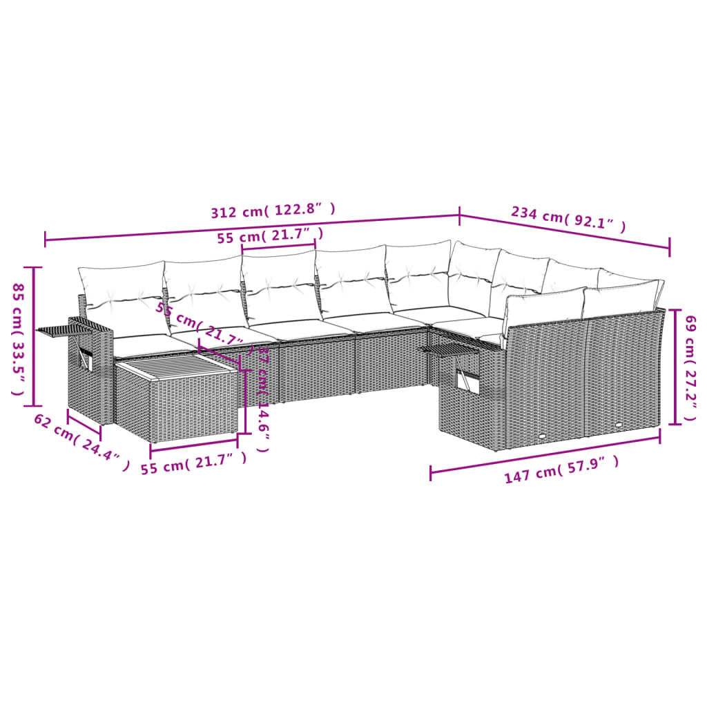 10-tlg. Garten-Sofagarnitur mit Kissen Schwarz Poly Rattan