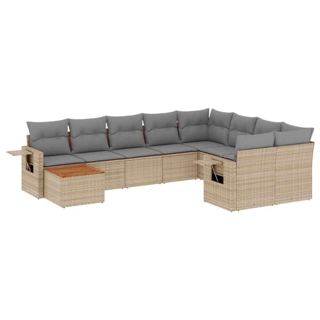 10-tlg. Garten-Sofagarnitur mit Kissen Beige Poly Rattan