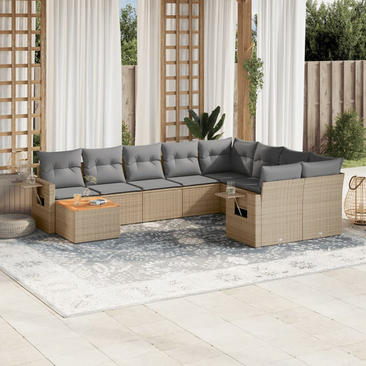 10-tlg. Garten-Sofagarnitur mit Kissen Beige Poly Rattan