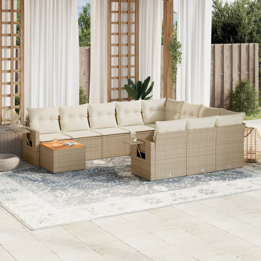 11-tlg. Garten-Sofagarnitur mit Kissen Beige Poly Rattan